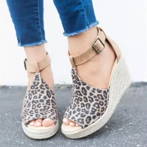 Women's Leopard Espadrilles Wedge Peep Toe Ankle Strap Sandals