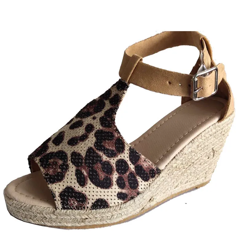 Women's Leopard Espadrilles Wedge Peep Toe Ankle Strap Sandals