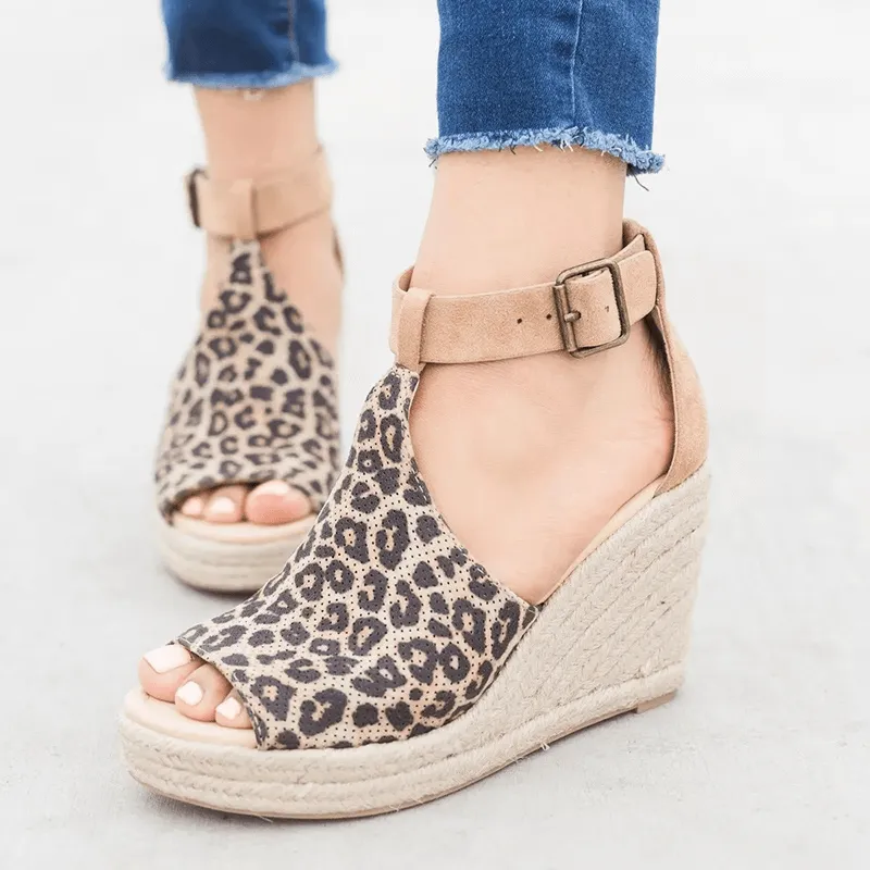 Women's Leopard Espadrilles Wedge Peep Toe Ankle Strap Sandals
