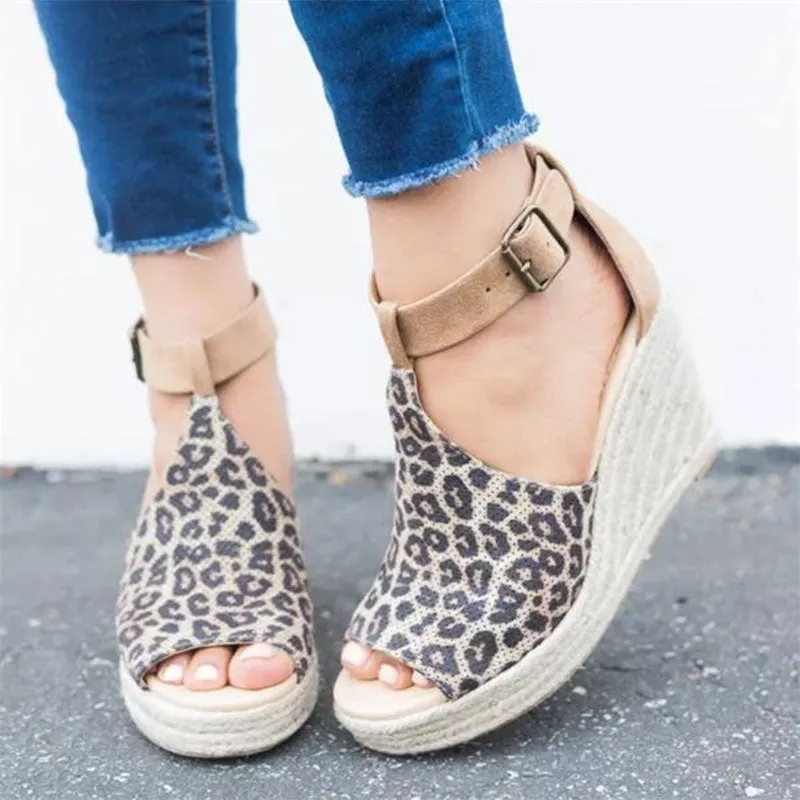Women's Leopard Espadrilles Wedge Peep Toe Ankle Strap Sandals