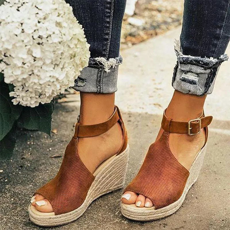 Women's Leopard Espadrilles Wedge Peep Toe Ankle Strap Sandals