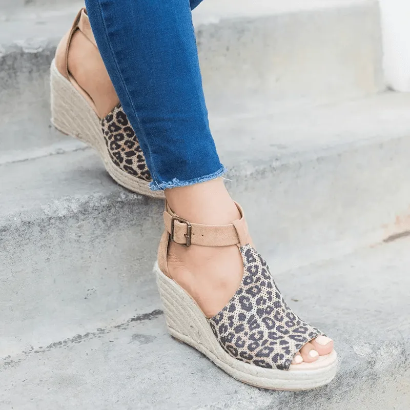 Women's Leopard Espadrilles Wedge Peep Toe Ankle Strap Sandals
