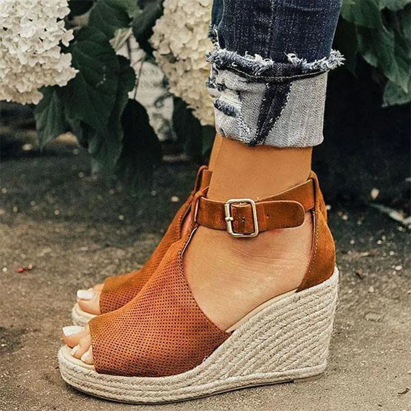 Women's Leopard Espadrilles Wedge Peep Toe Ankle Strap Sandals