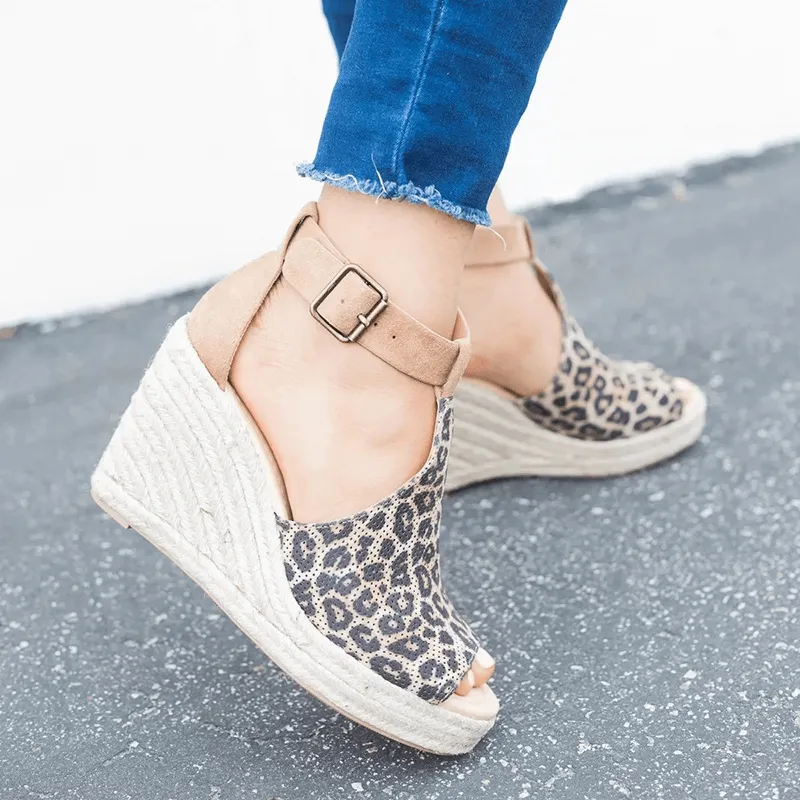 Women's Leopard Espadrilles Wedge Peep Toe Ankle Strap Sandals