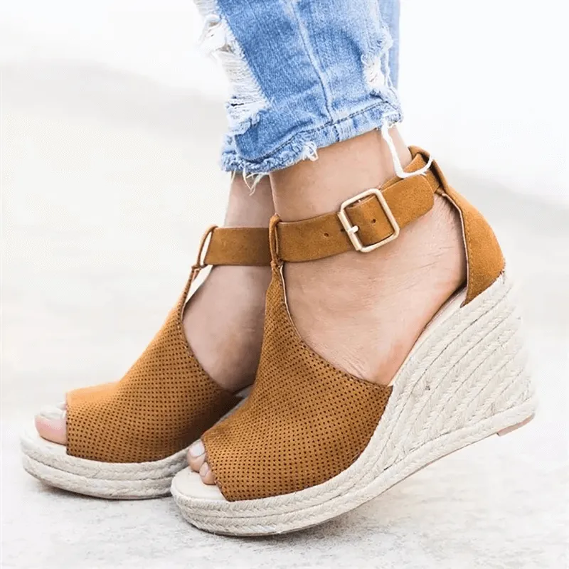 Women's Leopard Espadrilles Wedge Peep Toe Ankle Strap Sandals