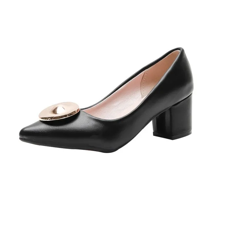 Women's Pointed Toe Metal Deco Chunky Heel Pumps