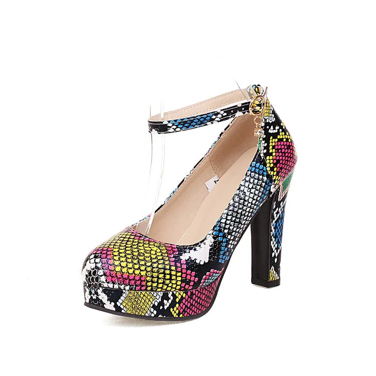 Women's Pumps Zebra Snake Print Ankle Strap Rhinestone Chunky Heel Platform High Heels Shoes